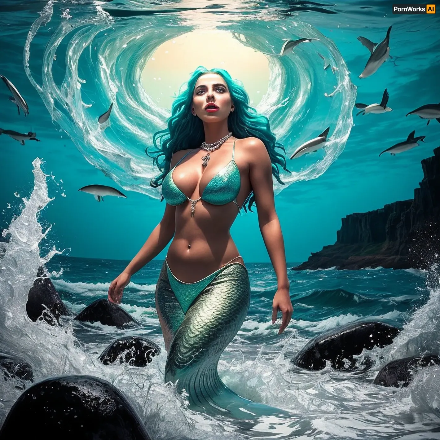 A mesmerizing fusion of myth and reality, with a stunning picture of a siren emerging from the depths of the ocean. Her ethereal form is bathed in a soft, ethereal glow, while her long, flowing gown made