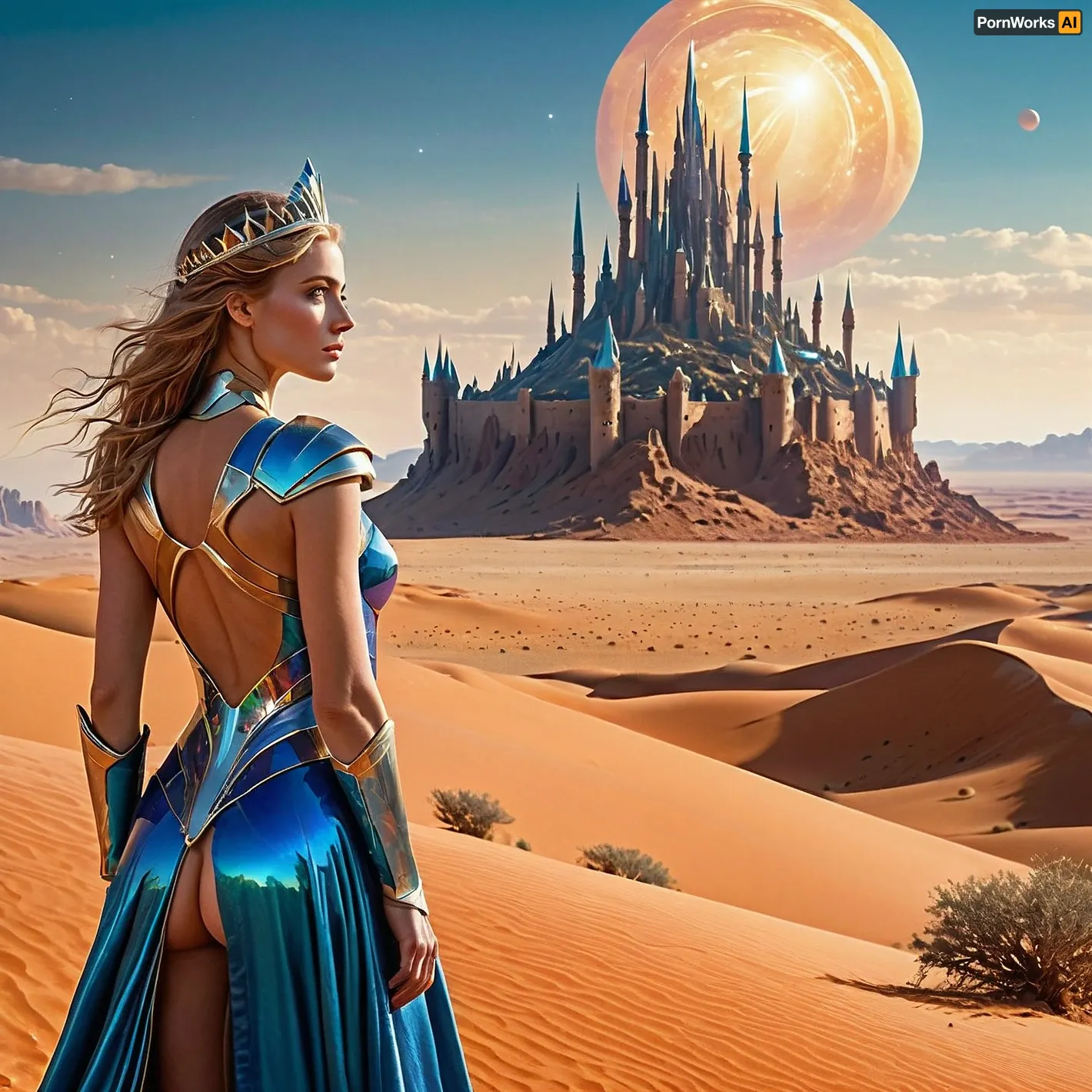 The princess stood atop the ramparts of her castle, gazing out at the vast expanse of the alien landscape. The planet was a desolate realm, with rust-colored sand and jagged rock formations that seemed to stretch on forever. The