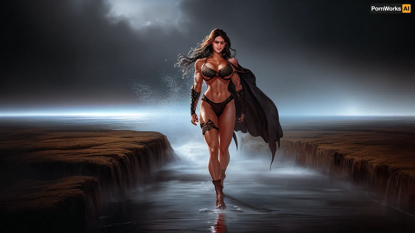 A young woman with toned abs and biceps, wearing a leather breastplate and holding a crossbow in one hand, surveys the area around her while ready for any danger that might come her way