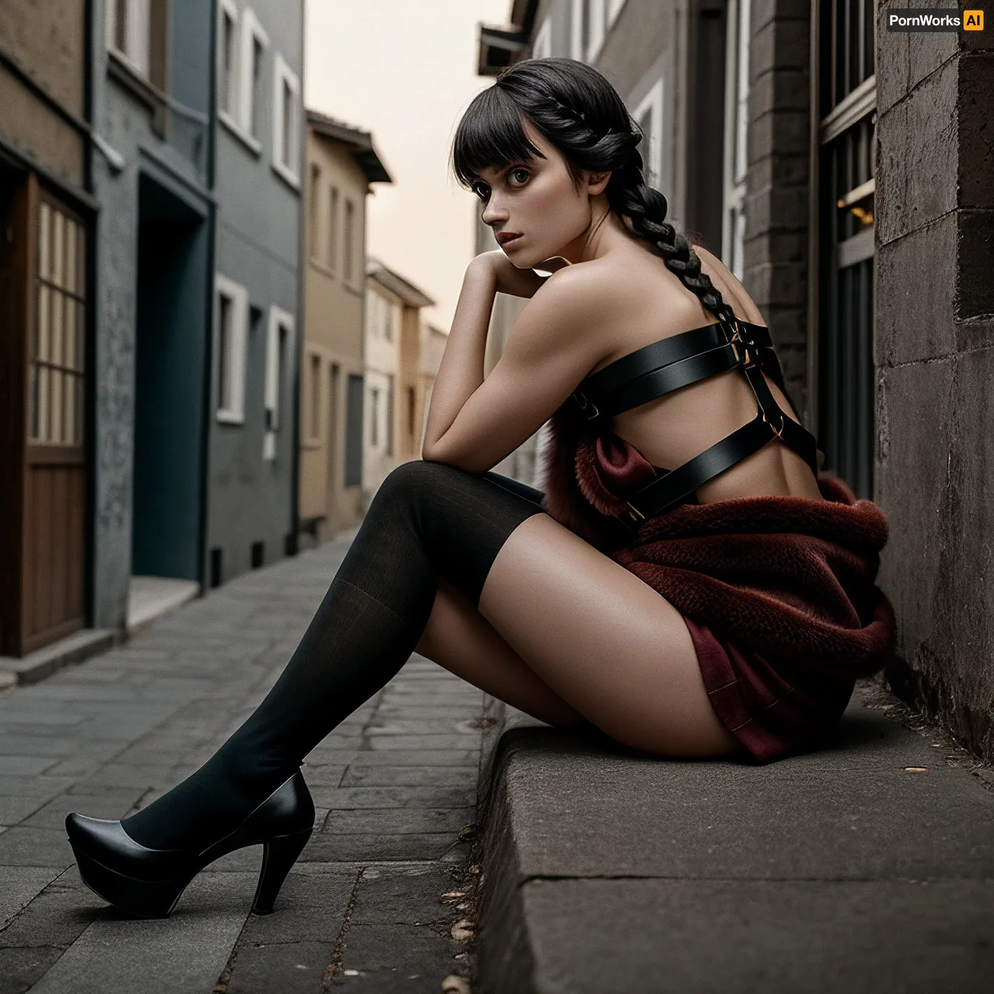 A stunning 25-year-old girl with long dark hair, flawless skin, and a body that could stop traffic was photographed in a stunning peeptoes harness with her face illuminated by the studio's lighting. Her beauty and curves were on full