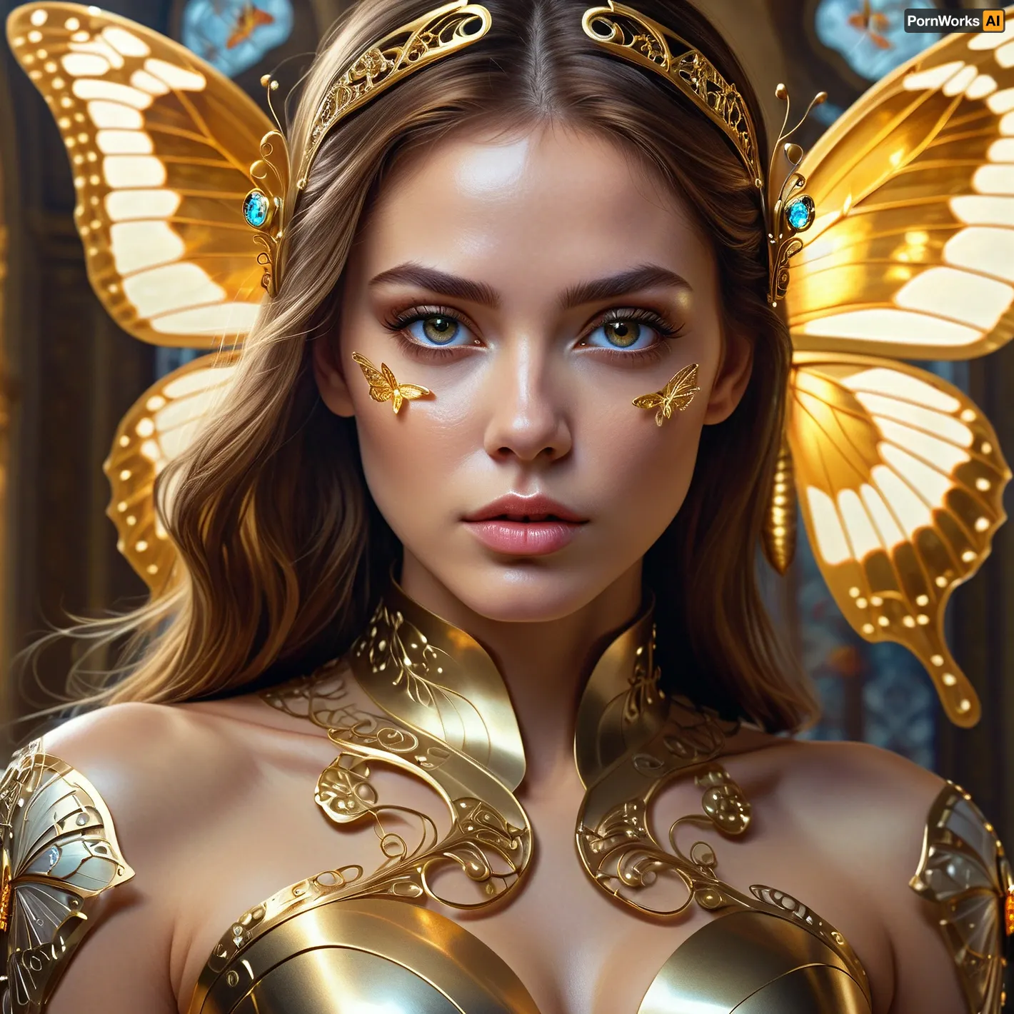 The artist's latest masterpiece is a stunning 8k resolution photo of an AI with 8k resolution and intricate digital photography. The painting showcases the beauty of artificial intelligence in all its glory, with gold butterfly filigree decorating the background