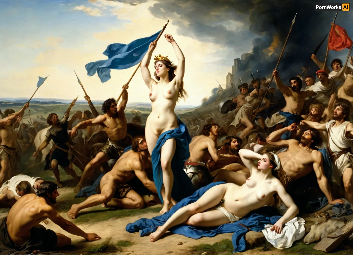 The painting "Liberation of Females" depicts a topless woman leading a group of women in battle, with the BLUE flag held high and depicted accurately