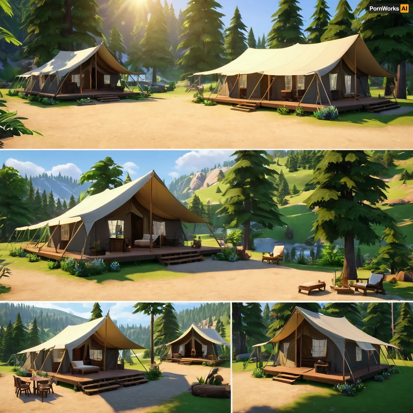 The AI generated a highly detailed, multiple view collage of a camp tent with multiple views. The tent was made for exhibitionist purposes and had hard shadows, sunbeams, concept-art, plan, and room plan. It was made for