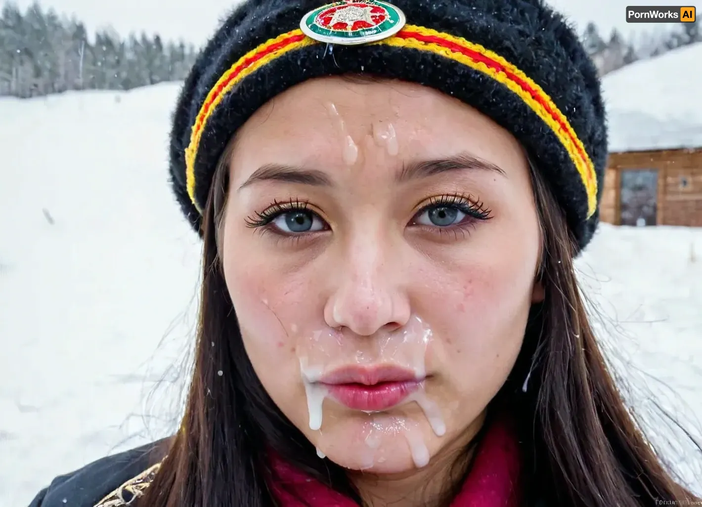 La donna Sámi con tatuaggi Sami tradizionali, piega epicantica, occhi a forma di mandorla, naso leggermente capovolto, tono caldo della pelle, zigomi alti e pronunciati, occhi a forma di mandorla sorprendenti con piega epicantica e