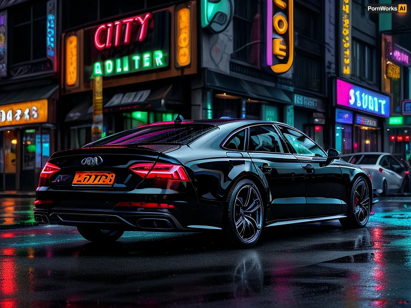 horny buisines milf sitting on black audi a7 2022, night city, wet street, neon lights, high heels
