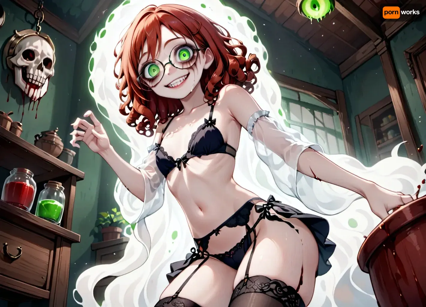 1girl, solo, glasses, (red curly hair), redhead, shiny pale skin, green eyes, (crazy), smile, (((large tits, skinny))), (transparent black lingerie), kitchen, asymmetrical stockings, (((from below))), from side, (((petite))), (((body covered in blood, horror))), cold, noticed you, ((ghost pose)), dirty, void, dynamic pose, garter belt, black background, pot, skull, spooky, lips, alchemy, glowing jars, (witch), (grayscale), ruined makeup, (((young))), (((slim))), yandere, (((detailed fabric))), bloodbath, <lora:princess_xl_v2:.4>