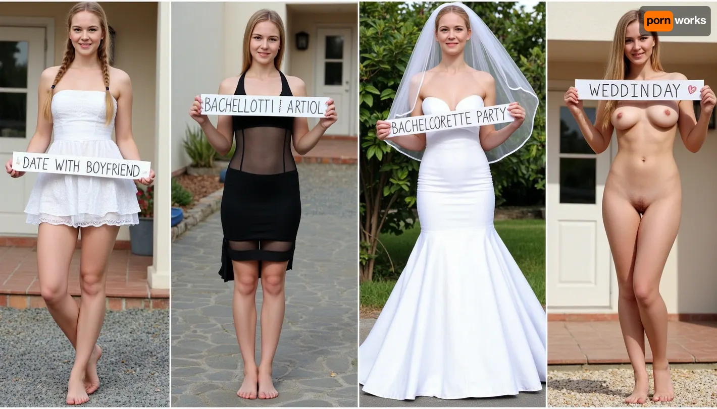 side-by-side four pictures of a young German, slim, woman, with blonde hair, french braid, standing in front of an house. On the first picture on the very left she wears a short ruffled dress, and holds a handmade sign with text "DATE WITH BOYFRIEND". On the second picture left from the middle she wears a short black transparent dress, and holds a handmade sign with text "BACHELORETTE PARTY". On the third picture right from the middle she wears a weddingdress and veil, and holds a handmade sign with text "WEDDINGDAY". On the fourth picture on the very right she is naked, nude, and holds a handmade sign with text "FUCKING THE NEIGHBOUR".