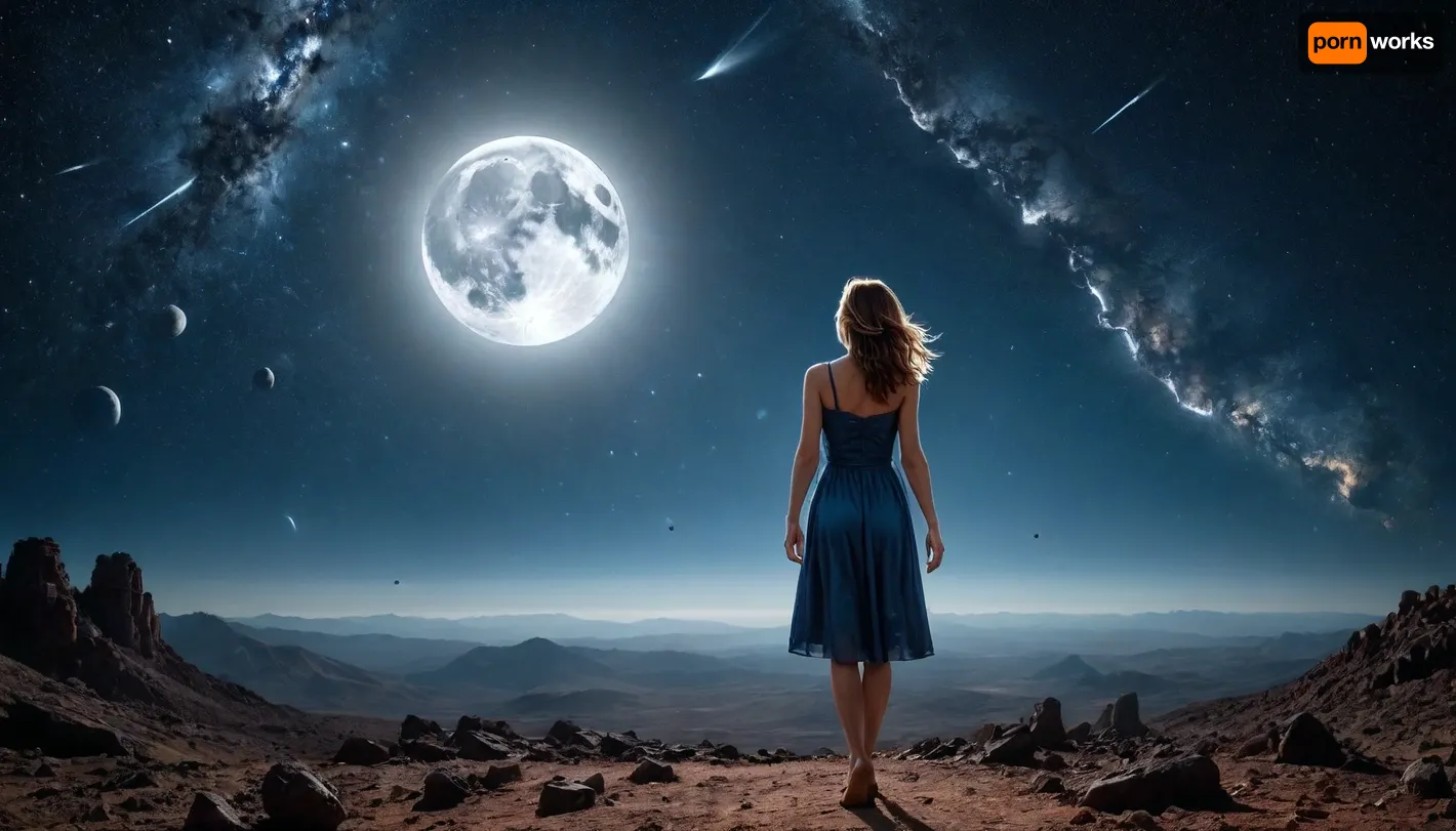 The picture shows a beautiful full moon floating in zero gravity, with the stars radiating from one imaginary point. A meteorite falls with paths radiating from one imaginary point, and a woman floating in zero gravity is shown in a side profile. The