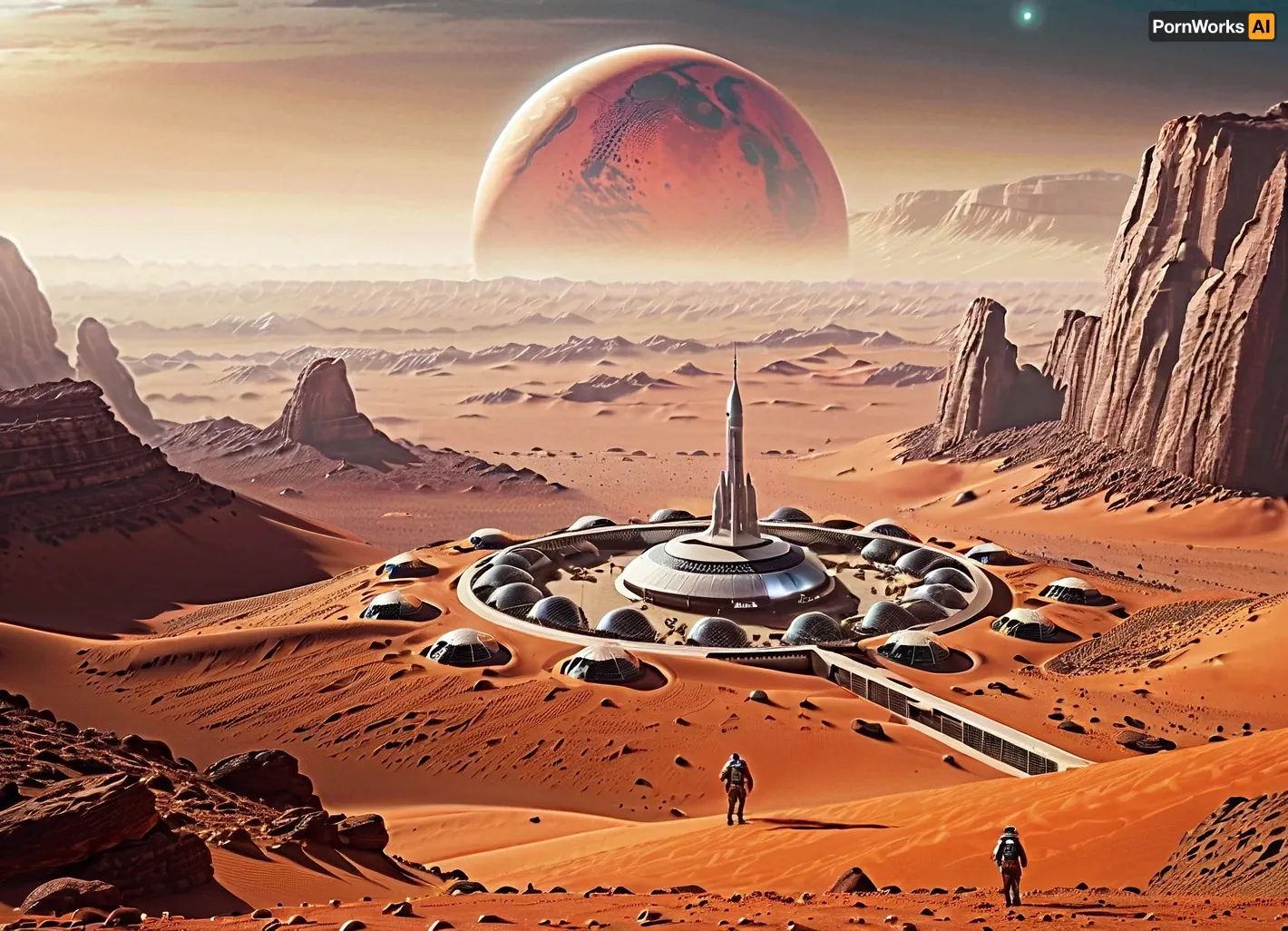 In the year 3456, on Mars, the inhabitants live in bubble cities, the president is there, inside the Martian temple, blessing the multitudes of mixed-sex pilgrims, female and transsexual and male, from the depths of mars, view from afar, <lora:SDXLHighDetail_v5:.5>, <lora:add-detail-xl:.5>