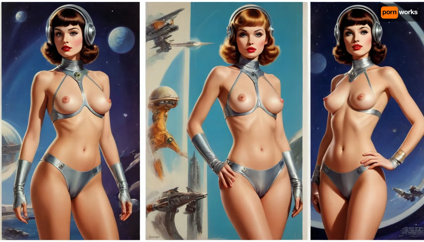 (style of old pulp scifi poster, Flat 2D Art, retrofuturism:1.2), (side-by-side pictures:1), side-by-side pictures of 18 year old sexy princess, wearing sexy futuristic asymmetric space uniform provocative lewd scifi revealing cutout clothes intricate intimate avant-garde suit uniform, (slim body, very small perky tits, very hairy pussy:1), (), partially nude, <lora:add-detail-xl:.5>, weird, future, fashion, helmet, <lora:weird future fashion_v5_xl:.5>