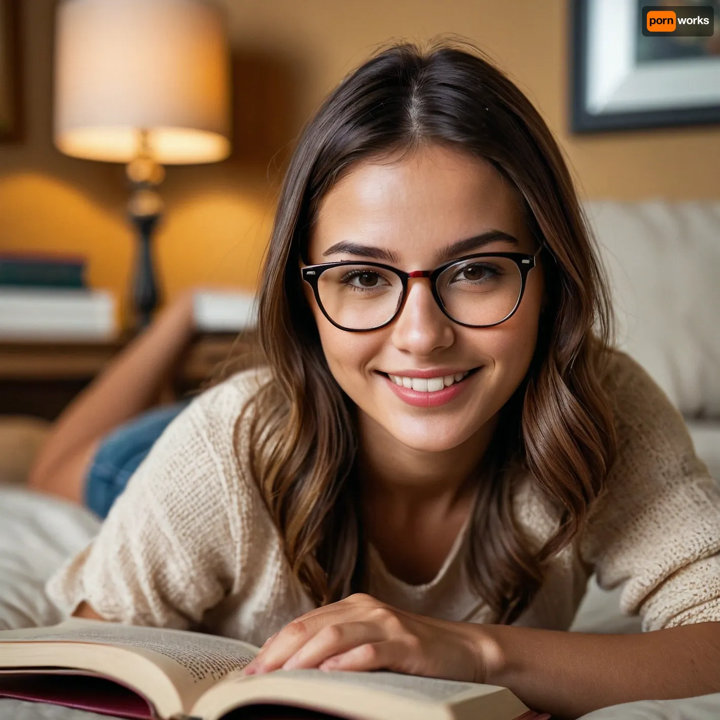 score_9, score_8_up, score_7_up, score_6_up, rmsns, portrait of cute 30yo girl, glasses, reading from a book, with a playful yet competitive grin, looking at viewer, wide-angle view, highly detailed, high budget, photorealistic, candid camera, color graded cinematic, imperfections, natural, shallow dof, natural light, 35mm photograph, film, professional, 4k, Depth of field F2. Rule of Thirds Composition