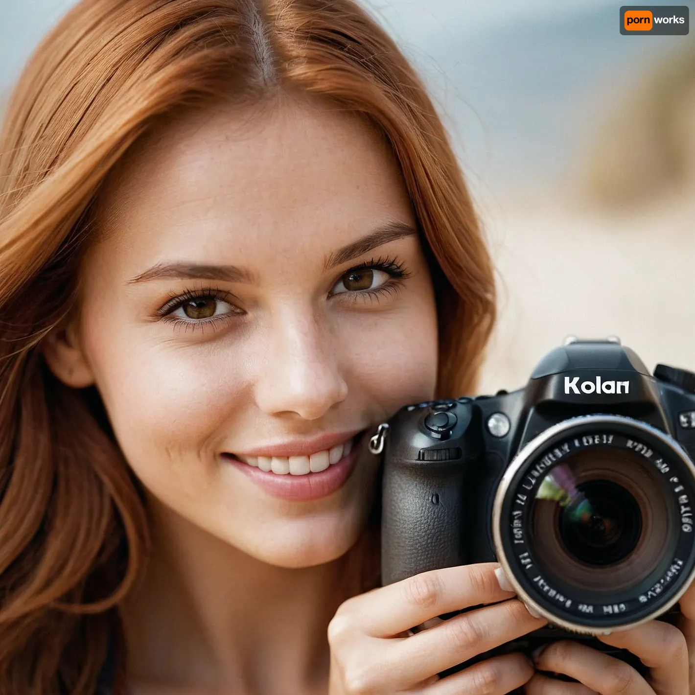 score_9, score_8_up, score_7_up, score_6_up, rmsns, closeup portrait of cute 30yo girl, natural readhead, photographing with SLR camera, looking at viewer with a playful yet competitive grin, wide-angle view, highly detailed, high budget, photorealistic, candid camera, color graded cinematic, imperfections, natural, shallow dof, natural light, 35mm photograph, film, professional, 4k, Depth of field F2. Rule of Thirds Composition