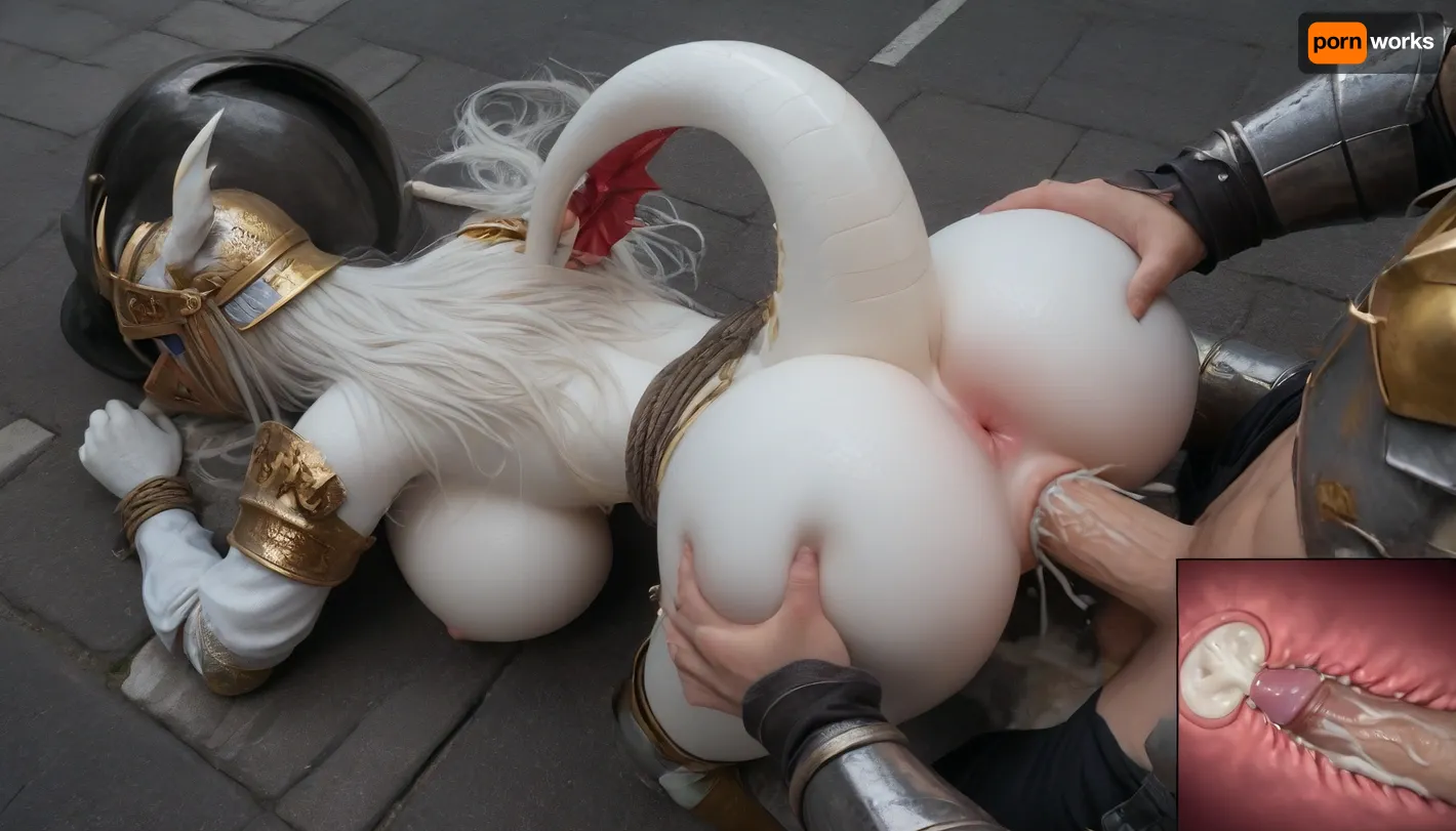 (white anthro dragon girl:1.5), (white long hair+white scale:1.2), (fit female+huge breasts:1.1), (gold knight armor+helmet:1.2), in medieval city street, top-down, bondage, doggy style, above view, butt grab, anus spread, (angry+tears:1.2), (human male), (vaginal sex+vaginal x-ray:1.1), (innie pussy:1.1), (overflowing cum:1.1), (impregnation), gangbang
