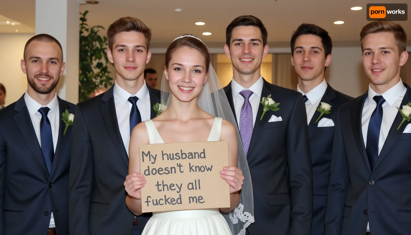 A young bride poses with six male wedding guests of different age, diferent faces, different suitcolors. The bride holds a handmade sign with text "My husband doesn't know they all fucked me".