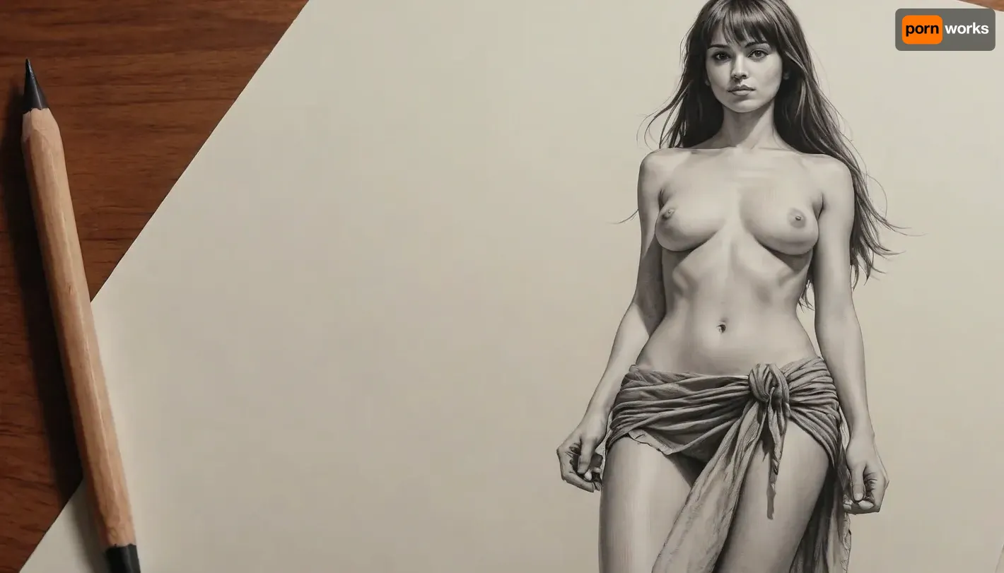 a drawing of a woman, brunette with a fringe, one piece sarong, long hair, cut leg, skin exposure, detailed but rough, sketches, detailed sketch, rough sketch, old sketch, sketch art, detailed penciling, matte sketch, highly detailed sketch, sketches wide angle view, realism