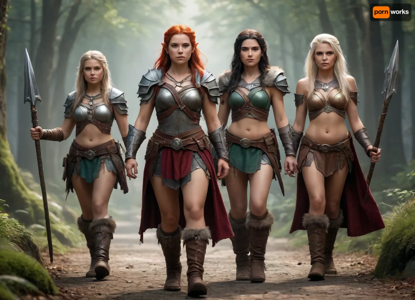 ((full body view)), group mix of 4 beautiful female, one is dwarf warrior, other is gnome cleric, other is a human barbarian, and the last is a elf archer