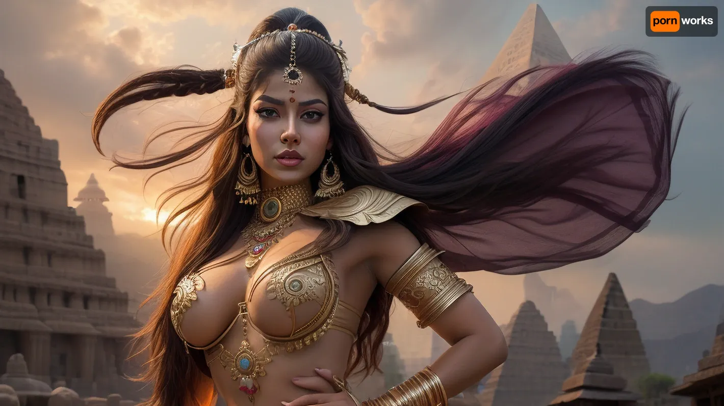 A highly detailed full body oil painting, in style of by Julia Bell, a woman in an Indian warrior costume, indian art, cgsociety contest winner, fantasy art, with huge breasts, with beautiful exotic, pyramid, full hd, metart, commission for, an oil on canvas painting, contest winner, figurative art, young woman with long dark, an airbrush abstract figurative art, <lora:hipoly_3dcg_v7-epoch-000012:.5>