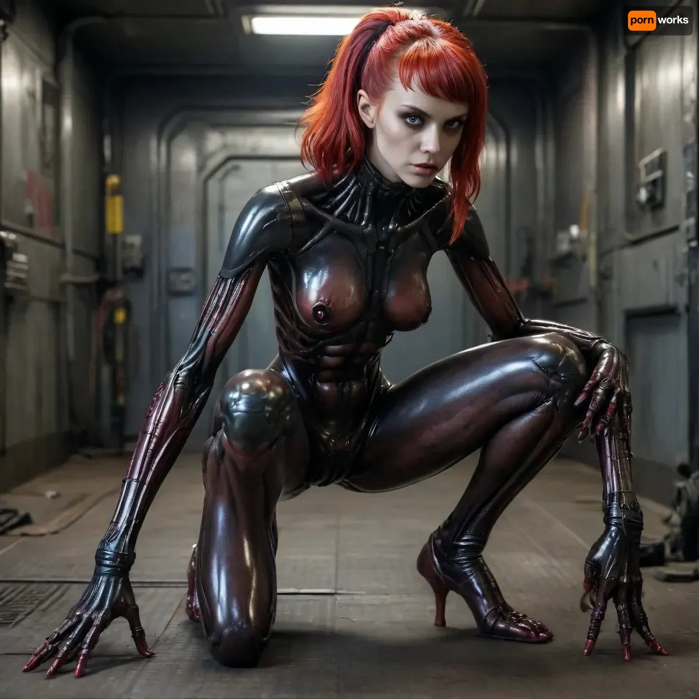 Xenomorph alien Girl, (human face, alien arms end leggs, tits and pussy naked, covered in oil, full Body visible), Doggystyle fucking Cyberpunk Android girl, cyberpunk Android girl, HAIR, (Red hair, Undercut), OUTFIT, (Cyborg mech suit, DARK Eyeliner, Long eyelashes), POSE, (squatting, feet together and knees apart), Xenomorph, <lora:Xenomorph v2:.8>, <lora:CyborgMechExosuit_v1.5:.3>