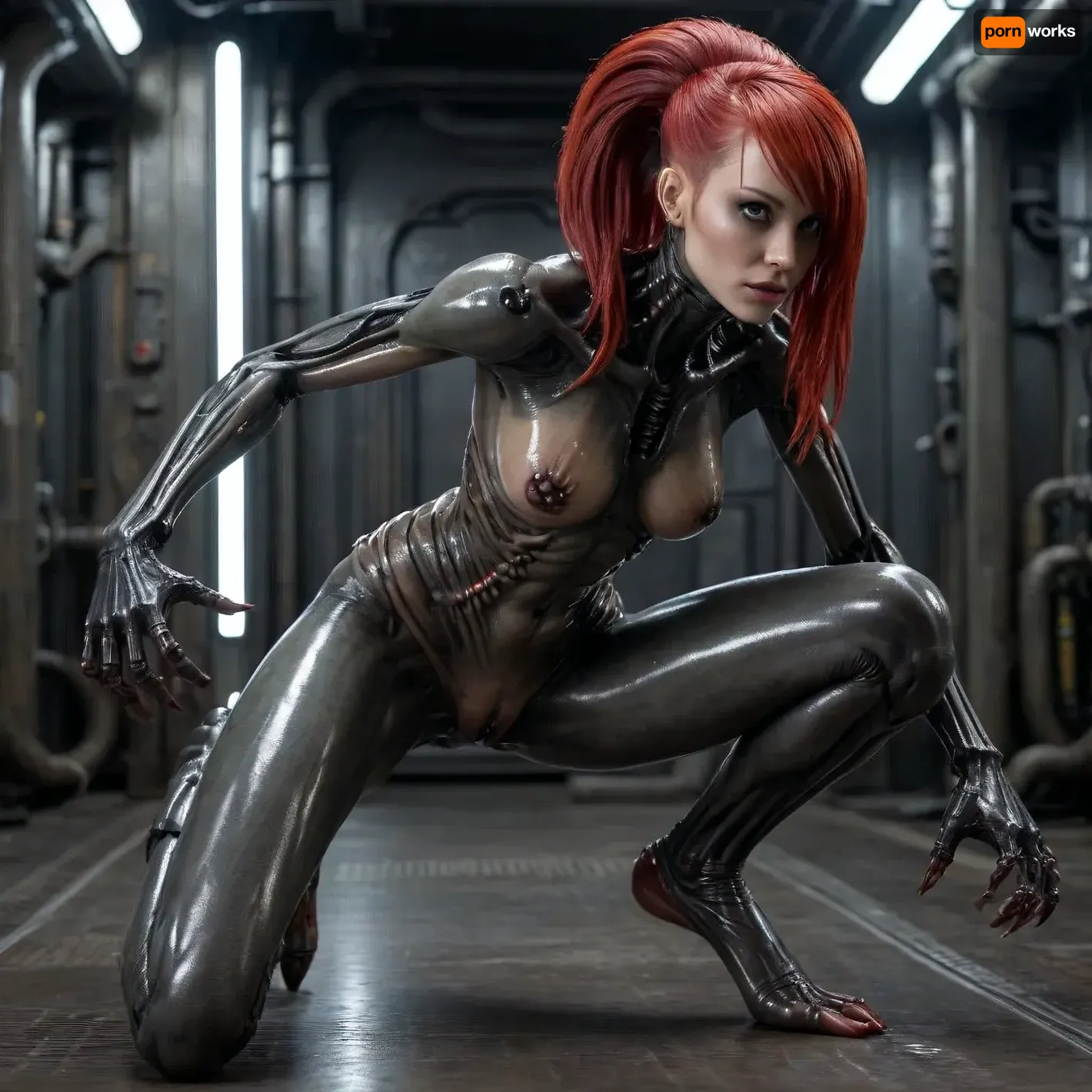 Xenomorph alien Girl, (human face, alien arms end leggs, tits and pussy naked, covered in oil, full Body visible), Doggystyle fucking Cyberpunk Android girl, cyberpunk Android girl, HAIR, (Red hair, Undercut), OUTFIT, (Cyborg mech suit, DARK Eyeliner, Long eyelashes), POSE, (squatting, feet together and knees apart), Xenomorph, <lora:Xenomorph v2:.8>, <lora:CyborgMechExosuit_v1.5:.3>
