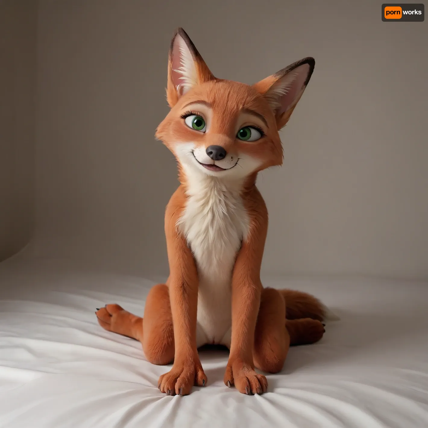 Pretty naked female version of Nick from cinema Zootopia. She is a cutest furry fox, with small breasts, small peach pussy and cute anal. She sits and show us she's pussy in doggy style pose. She have soft foxes paws, years and tail. All she's body is a orange foxes furr. Arms, legs and body is a orange soft foxes furr. She have green eyes. She feels little uncomfortable. She is little shy. She sits and show us she's pussy and anal. Doggy_Style_Pose Furry_Fox