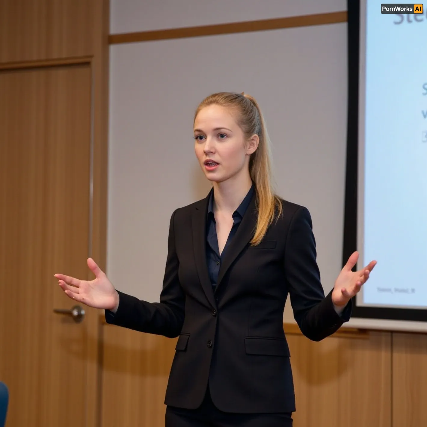 picture of a young Swedish, petite, woman with blonde hair, ponytail, giving an academic speech. She wears a formal pantsuit. The powerpoint slide at the screen next to her shows the titel of her speech, text "WHY SLUTS ARE HAPPIER THAN OTHER WOMEN".