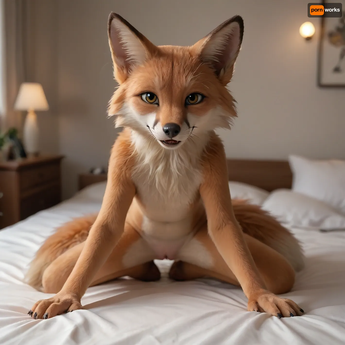 Furry, Furr, Animal, Animal-like, shaved pussy, spread pussy, front view, staring at viewer, sitting at the bed, doggy style pose, full, beautiful body, fox, orange furr