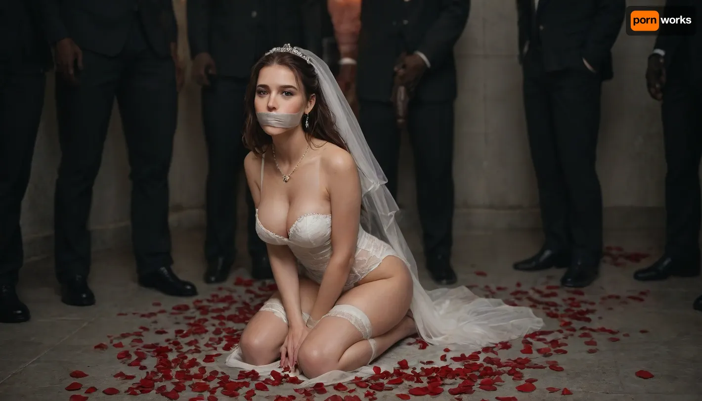 A humiliated white bride in a wedding scene, kneeling submissively before two dominant black men with giant black Penis, wearing a white slutty wedding dress with a torn veil, a black spade symbol on a necklace around her neck or a black spade tattoo on her stomach, kneeling in shame, a dark and erotic wedding setting with red lighting, rose petals on the ground, a sign saying 'Worthless White Groom' in the background, power dynamics, racial humiliation theme, real breeding fantasy theme, cinematic style, highly detailed, dramatic lighting, 8k resolution, rope, black, tape, gag, bondage, <lora:SDXLHighDetail_v6-000005:.6>, <lora:bdsm_SDXL_1_:.6>