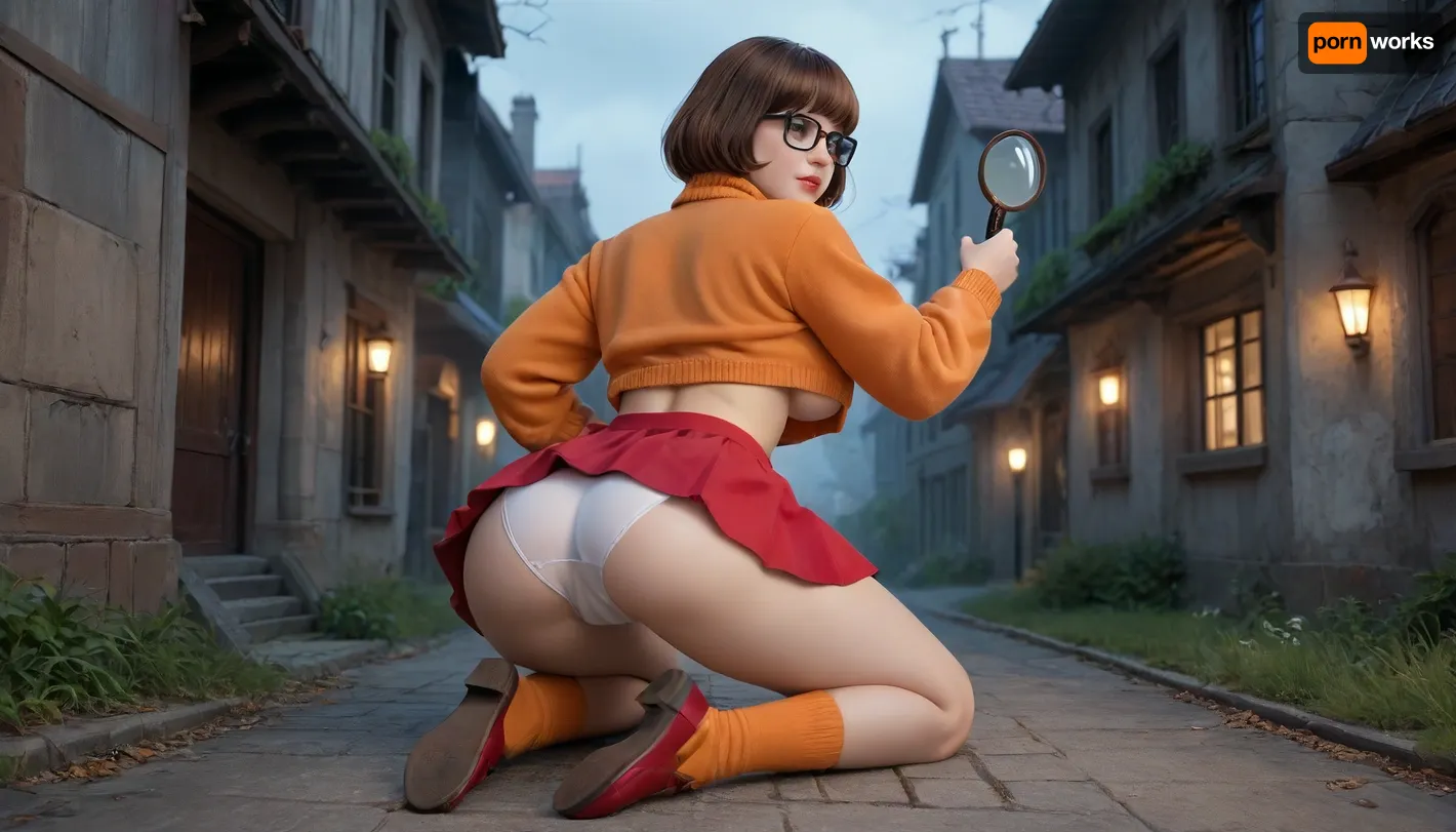 Velma from scooby doo in a haunted house, spooky atmosphere, full body, on knees, arched back, view from behind, up skirt, white underwear, puffy pussy, camel toe, holding a magnifying glass, massive tits, dripping wet pussy, juicy pussy, looking back at viewer, underboob, haunted, pumpking, house, graves, <lora:Halloween Series_ Haunted House_epoch_5:1.2>, Velma1024, <lora:Velma1024-000290:.8>