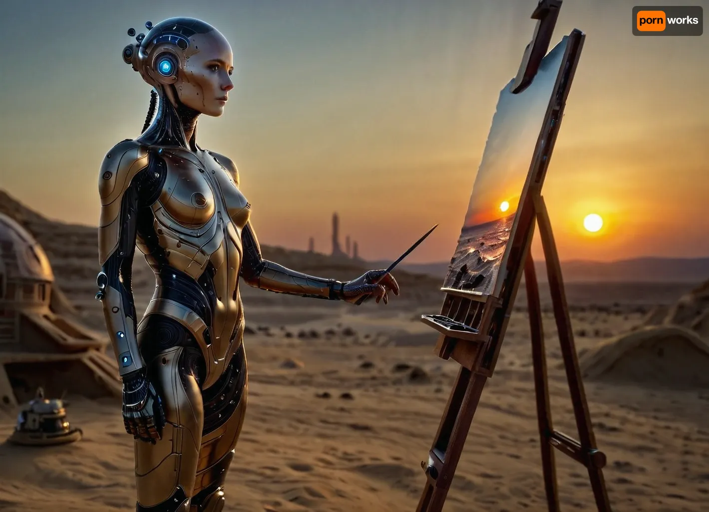 (4K UHD ultra-detailed RAW photo), high detailed, 8k, (photorealistic:1.7), ((solo)), A female robot artist, ((paints sunsets)), on the surface of an artificial planet, ((easel)), distant view, Tatooine, <lora:Tatooine:.8>, Photography, stvmccrr, style, <lora:stvmccrr:.8>, Cybernetic, <lora:Cybernetic:.8>