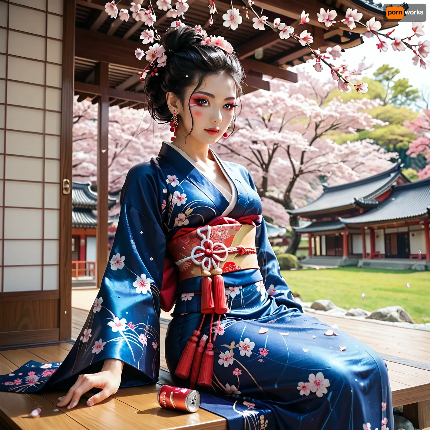 A beautiful young Japanese woman sits under a cherry tree, cherry blossoms falling around her and spreading thickly on the ground. She is wearing a revealing blue silk kimono, with an elaborate hairstyle and heavy geisha makeup. In the background, behind the woman, a traditional Japanese village can be seen.