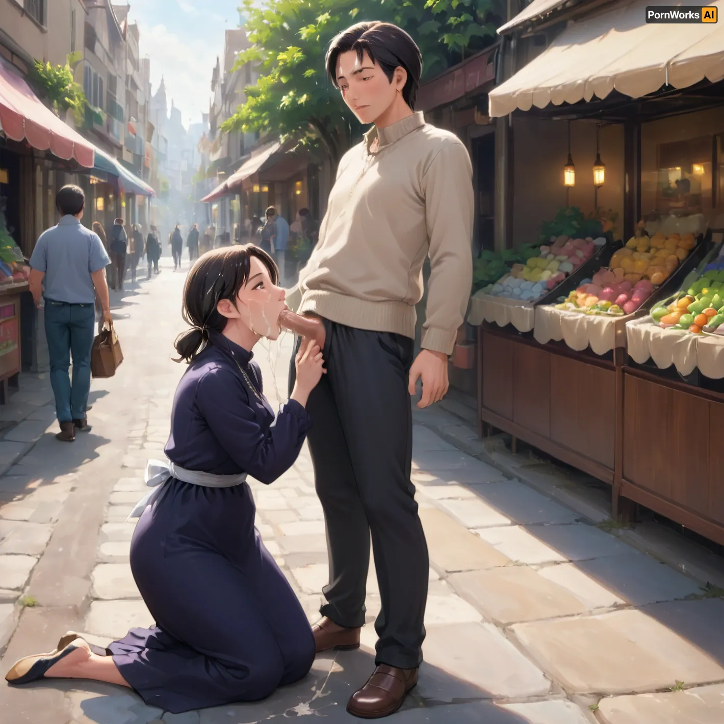 ghibli style, Studio ghibli art, public marketplace, man and Woman, man standing, Woman Kneeling and sucking his dick, public blowjob, cumshot, cum on face, cum in mouth, clothes on
