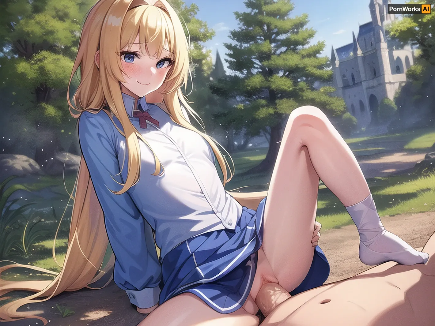 masterpiece, best quality, 1girl, Alice, without clothes, blue shirt, white underwear, slight smile, blush, outdoors, detailed background, castle in background, trees, long hair, arms at sides, <lora:AliceReducedv2:.5>, missionarypose, 1boy, penis, lying, missionary, vaginal, <lora:POVMissionary:.8>