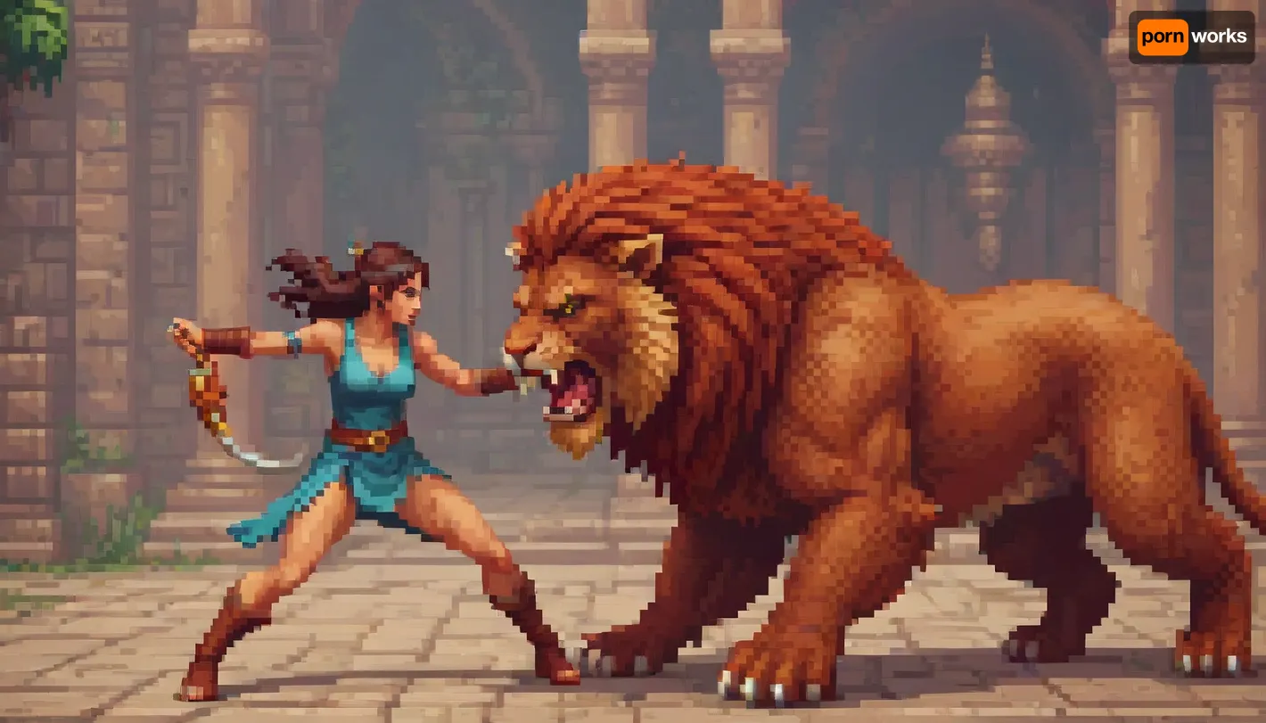 pixelart of a beautiful Persian Huntress, battling a mythical manticore, boss fight, style of fighting game, side scroller style, style of Street Fighter, <lora:pixel-art-xl-v1.1:.9>