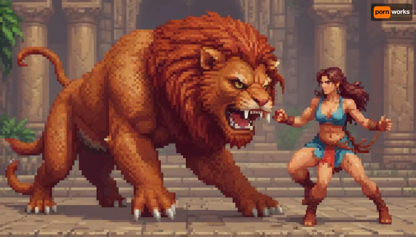 pixelart of a beautiful Persian Huntress, battling a mythical manticore, side scroller style, boss fight, style of Street Fighter, <lora:pixel-art-xl-v1.1:.9>