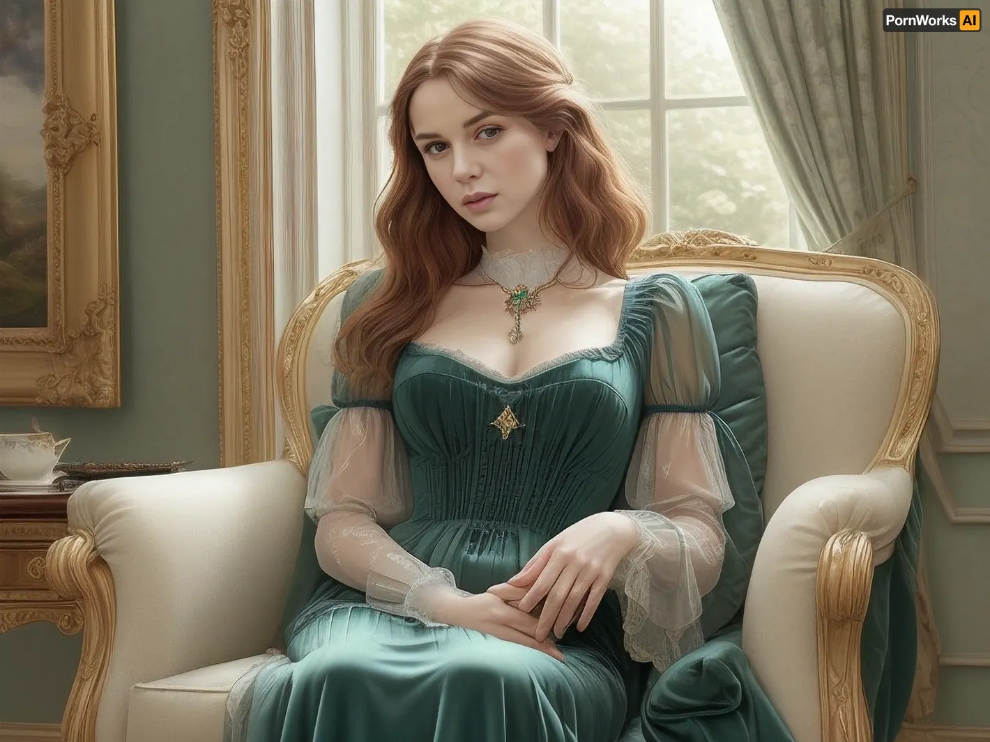 (((in the style of by Libico Maraja))), A majestic Victorian drawing-room, bathed in the warm, golden light of a late afternoon sun streaming through tall, arched windows. The centerpiece is a richly upholstered, emerald green velvet armchair, where a refined woman of 45, with auburn hair swept elegantly up in a sophisticated chignon, sits poised. She is of Caucasian descent, her face etched with the subtle lines of a life lived with grace and intelligence. Her expression is one of serene contemplation, a slight smile playing on her lips. She wears a bespoke, sapphire blue silk dress, its intricate lace detailing shimmering subtly in the light. The dress cinches her waist, highlighting her elegant posture as she holds a delicate porcelain teacup, her fingers adorned with elegant rings. Her body language exudes quiet confidence and composure, her gaze directed thoughtfully towards a distant point, lost in thought. The room's walls are adorned with oil paintings in ornate gilded frames, depicting pastoral scenes and aristocratic portraits. A Persian rug, rich in texture and deep jewel tones, lies beneath the armchair. The overall atmosphere is one of refined elegance and quiet luxury, reminiscent of a pre-Raphaelite painting. The style is characterized by intricate details, soft, diffused lighting, and a muted color palette emphasizing deep blues, greens, and golds. Rendered in a photorealistic style with a painterly touch, emphasizing rich textures and soft light, wide angle shot., victorianstyle