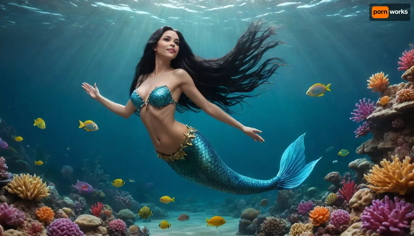 very pretty somewhat mature mermaid with shimmering fish fins, rainbow-colored fins, big very firm breasts, very long black hair, a starfish adorns the very long hair, mermaid dives under the sea mirror between the colorful corals, (((floating in the sea))), smiles at you temptingly, spreads her arms to greet you