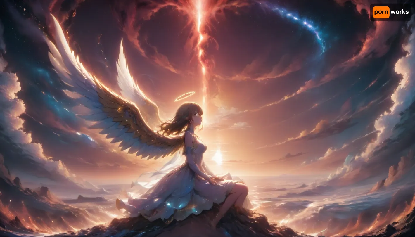 Magnificent landscape, above the clouds, sky, sunset, (stars), angel, (side view), big wings, halo, sitting on a cloud, dreamy gaze, looking into the distanc