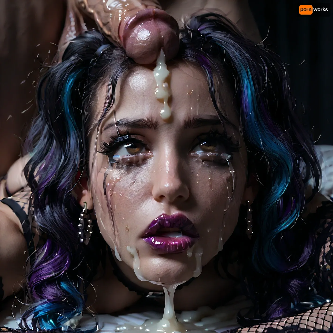 Score_9, score_8_up, score_7_up, (close-up of her face:1.4), (cock on her head), (1girl, 1man), (long hair), (multicolored hair, (The girl is crying), (dark purple hair), (bright blue hair)), (twintails), (wavy hair), (messy hair), submissive, (pointy breasts), (retrousse tits), (nipple piercings), (bimbo slut makeup), (mascara running down her face), (incredibly long lashes), (bimbo lips), (black lipstick), (super snatched waist), (pencil waist), (huge bbl ass), (oiled glossy skin), (sweaty skin), (shaved pussy), (white skin), (pale skin), (gothic), (goth), (tan lines:.8), (brown eyes), (perfect mouth), (perfect lips), (topless), (bottomless), (no clothing except a black garter belt and black fishnet thigh-high leggings and black platform stilettos and black fishnet arm sleeves), perfect eyes, (she's laying prone on a bed with her face near the viewer:1.2), (cock on the top of her head:1.2), (excessive cum dripping in a line from the cock down her forehead and nose and lips and chin:1.4), (very clear cum:1.4), exhausted, tired, hair and makeup was elegant and beautiful but is now messy and disheveled after hours or rough sex, (ruined makeup), (smudged lipstick smeared across face), (cum running out of her nose and mouth onto the bed:1.1), (excessive amounts of cum:1), (vacant expression:1), (fucked stupid, brainless), (black walls), (gothic bedroom), (blue and purple neon lighting), (bright neon lighting), HighRes Fix, ADetailer, Inpainting, Upscale, Photoshop, <lora:PerfectEyesXL:.8>, <lora:dark:.5>, <lora:315758_training_data:.8>