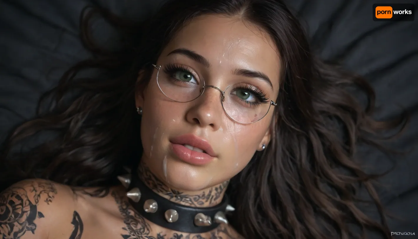 (Africangirl:1.5), (black skin:1.5), (ebony:1.5), close-up on head of cute slutty woman, laying on bed after having been used intensely, facing viewer, tired but happy, slight smile, black makeup, (forehead full of cum:1.1), (nose full of cum:1.1), (mouth full of cum:1.1), (cum running onto bed:1.1), (lots of cum), (loads of cum), bukkake, warm light, beautiful morning, (wet long hair:1.8), (wet face:1.6), (long eyelashes:1.6), (plump lips:1.6), (round glasses), (collar with spikes:1.3), (green eyes), (black bed linen:1.7), (tattoos on the whole neck:1.8)