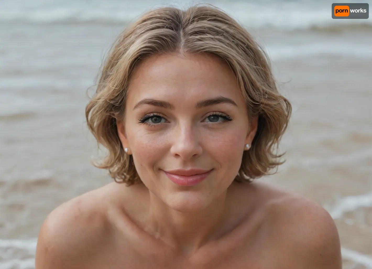 small boobs, (small soaking wet sexy boobs), squatting, full view, view from afar, 157 cm height, on a beach, shot on kodak, sharp focus, high budget, cinemascope, moody, epic, gorgeous, film grain, grainy, dark gray eyes, short blonde hair, pixie cut, 39 year old woman, mature, milf, happy expression, (smile:1.6), long eyelashes, curly nose, (wide nose:1.7), (thin lips:1.5), breasts fully exposed, <lora:flat_chested_v3.5:.8>