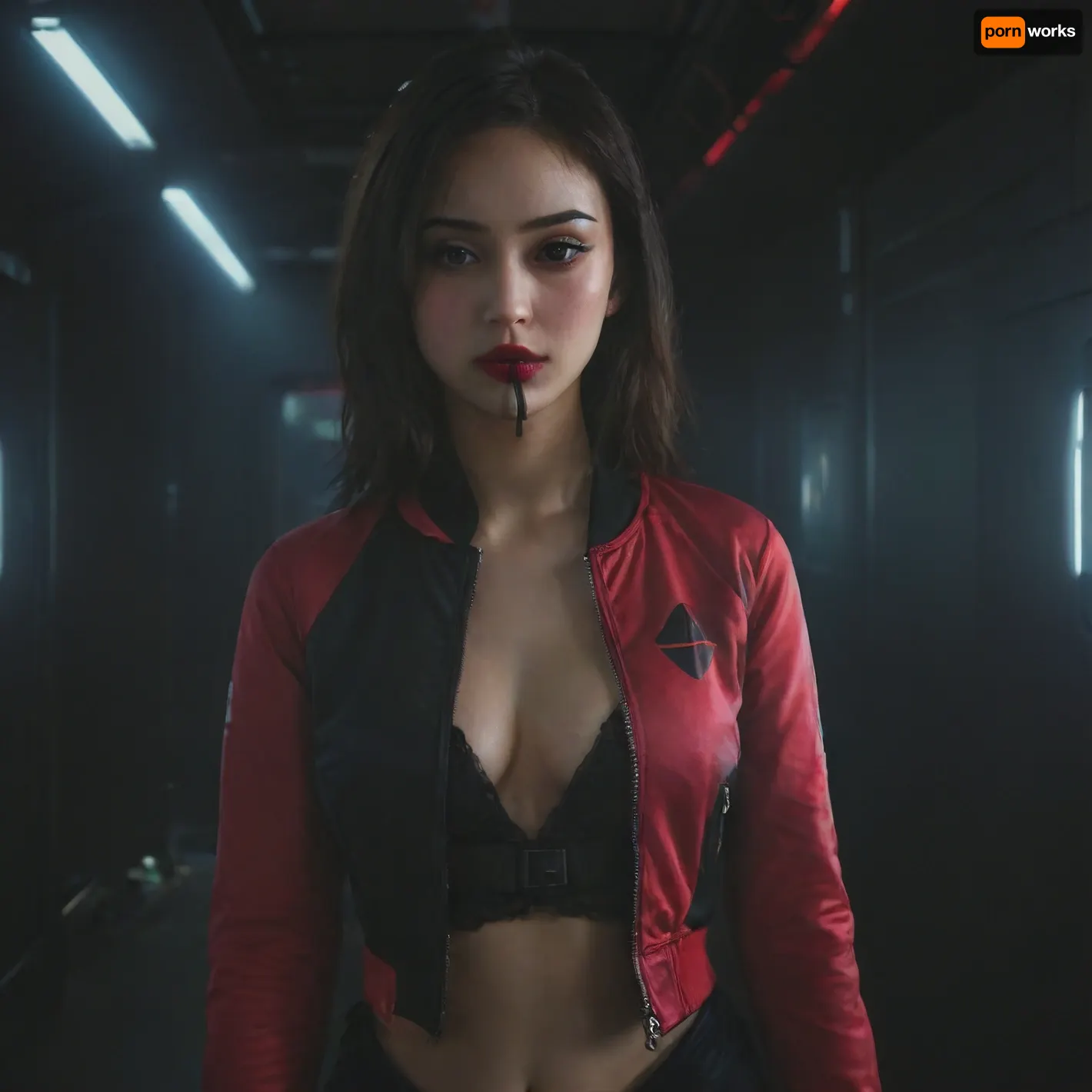 A beautiful Asian brunette woman, with black eye liner, bright red lipstick, wearing a futuristicspace jacket with a black logo and ripped skinny jeans, sitting in the dimly lit cockpit of a futuristic space freighter interior, hundreds of glowing buttons and hologram displays dimly light the interior, she gives a seductive look towards the camera, Large Perky breasts, ample cleavage, theme, dark, chiaroscuro, low-key, alt, fashion, <lora:zavy-cntrst-sdxl:1>, <lora:alt_fashion_v2:.8>, <lora:256210_training_data:1.8>, incase, style, <lora:287175_training_data:.8>, HRGM, hair, ring, in, mouth, tie, tying, adjusting, hold, a, black, on, her, <lora:hair_ring_SDXL_v1:.8>