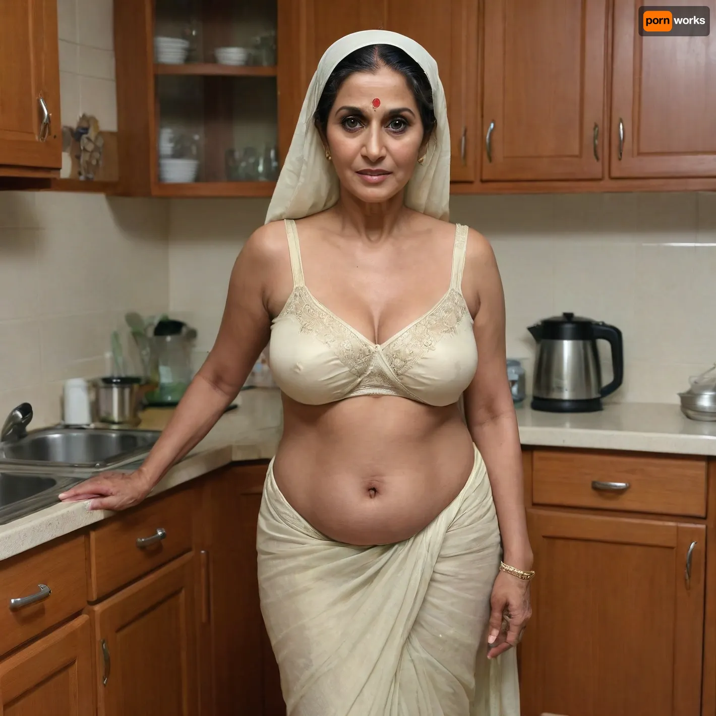 sexy mature 70 years old thick muslim woman, long saggy tits, cute, no makeup, removing saree, cleavage shown, navel, full body, long distance photo, in kitchen