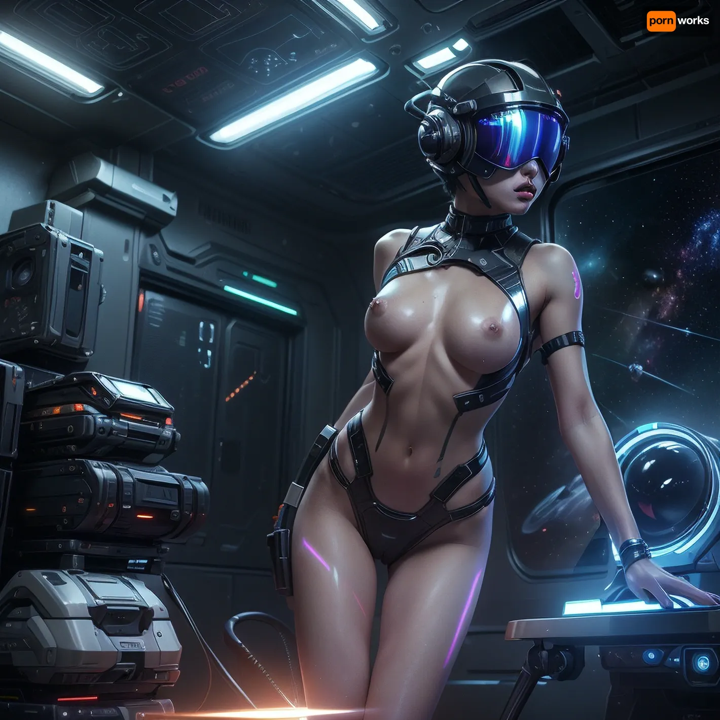 ((ultrarealistic 2020s SciFi movie frame, sexy 21yo unique beauty, naked, skinny, short hair, sexy legs, small breasts, pussy)), Movie scene, scifi ship, colorfull profesional lights, (space pilot helmet, holographic visor), <lora:Cyber skin:.2>