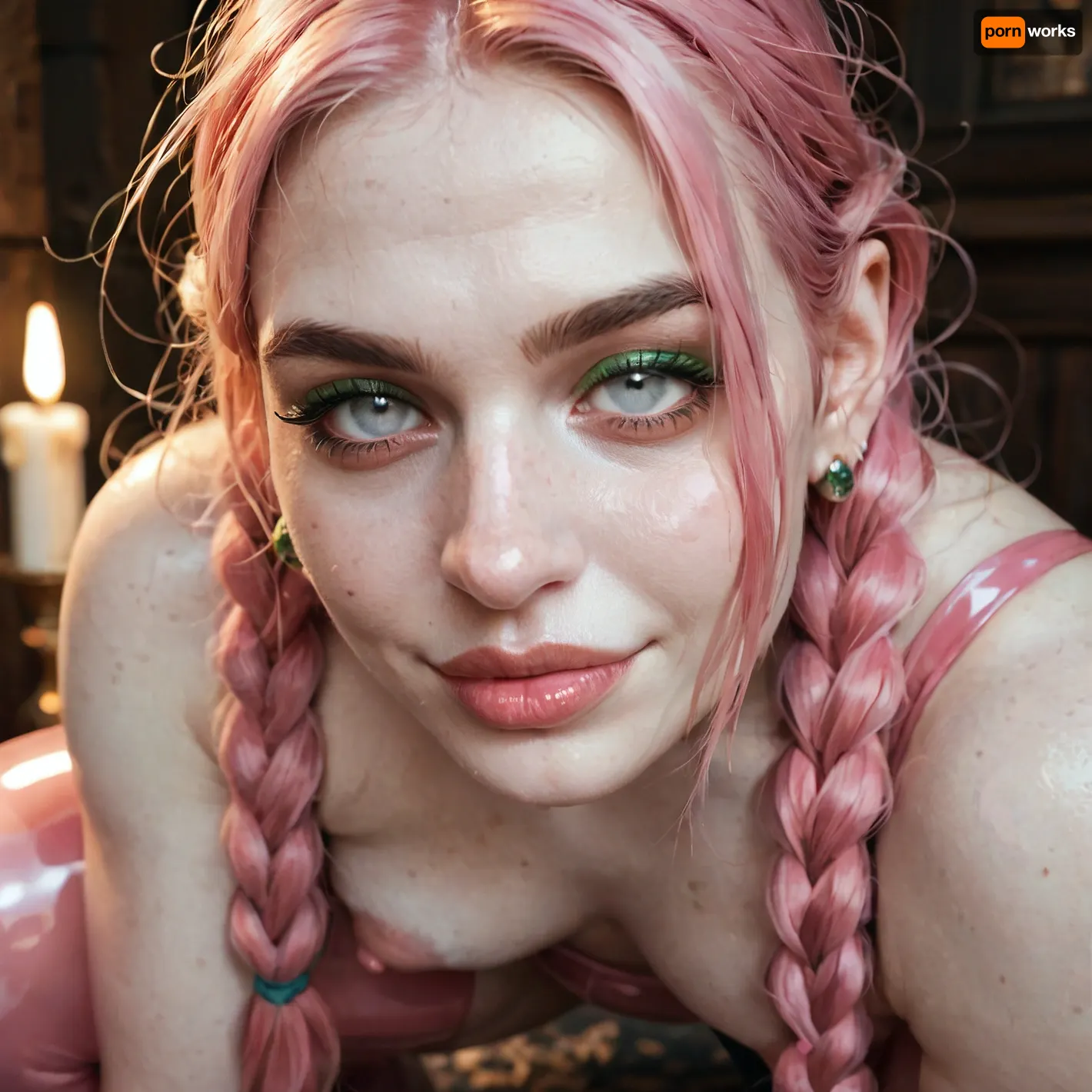 Score_9, european woman, (face closeup:1), chubby, cute face, long messy hair, bangs, braids, perfect small breasts, pale pink hair, (pale skin:1.5), transparent pink latex dress, (white eyes:1.11), (puffy areola:1.33), pussy, seductive smirk, narrow lips, green makeup, candle light, (under side view:1), squatting, <lora:aka-000002:2>, <lora:EnvyZoomSliderXL01:1.7>, <lora:765092_training_data:2> Score_9, european woman, (face closeup:1), chubby, cute face, long messy hair, bangs, braids, perfect small breasts, pale pink hair, (pale skin:1.5), transparent pink latex dress, (white eyes:1.11), (puffy areola:1.33), pussy, seductive smirk, narrow lips, green makeup, candle light, (under side view:1), squatting, <lora:aka-000002:2>, <lora:EnvyZoomSliderXL01:1.7>, <lora:765092_training_data:2>