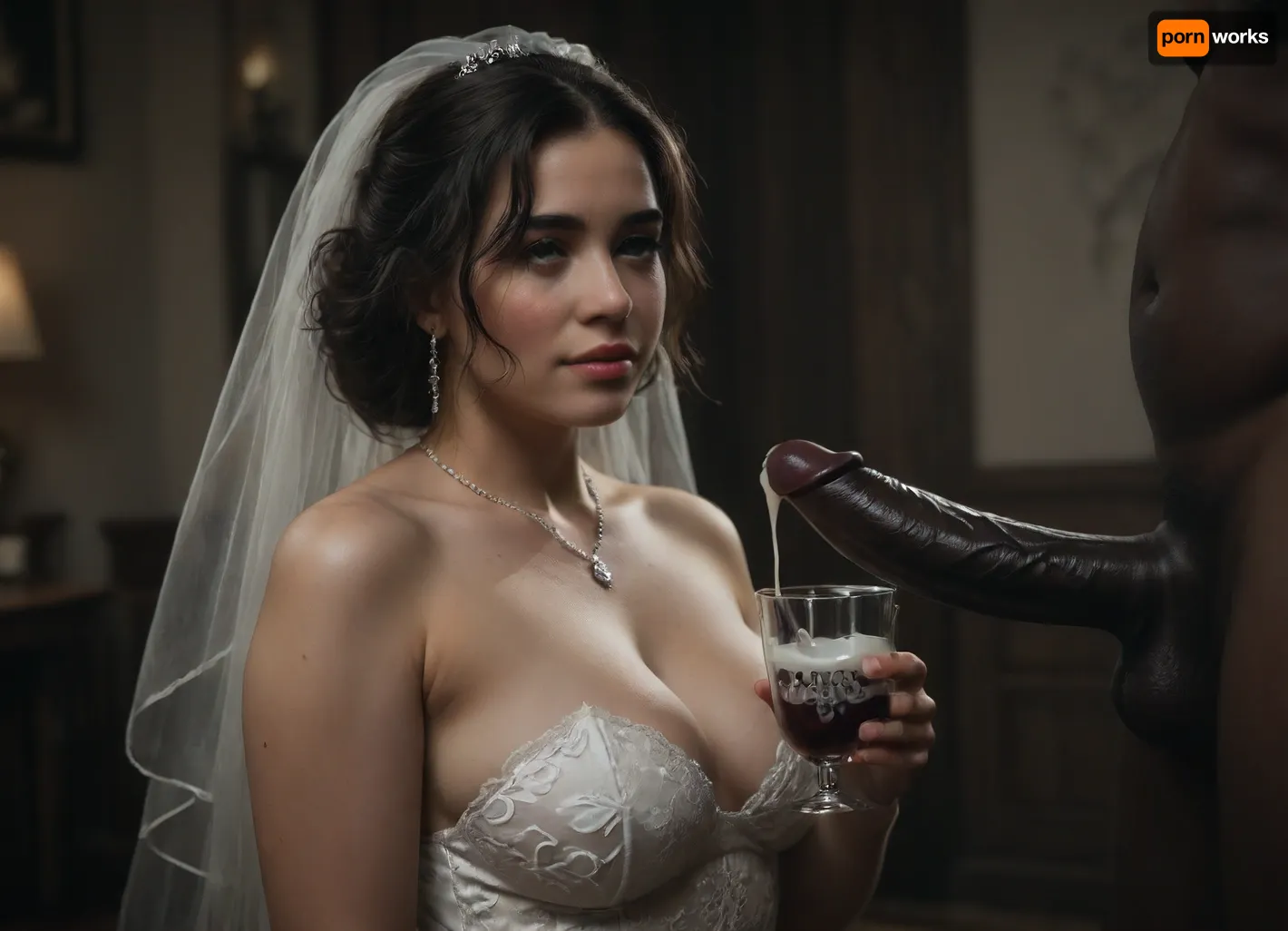 interracial, very large black penis, The happy chubby Persian bride in sexy wedding dress, cum driping bride's chain' cum driping from black penis, drinking sperm from transparent cup, there is glossy and sticky sperm in cup, cup full of sperm, cum swallowing, ((gokkun)), cum dripping from the corners of her lips, The woman holds the cup under the black cock., ((text on The cup is, "BBC Cum")), logo, text, sign, that, says, the, word, <lora:671410_training_data:.8>, <lora:dark:.5>, <lora:texta:1>, <lora:677862_training_data:.8>