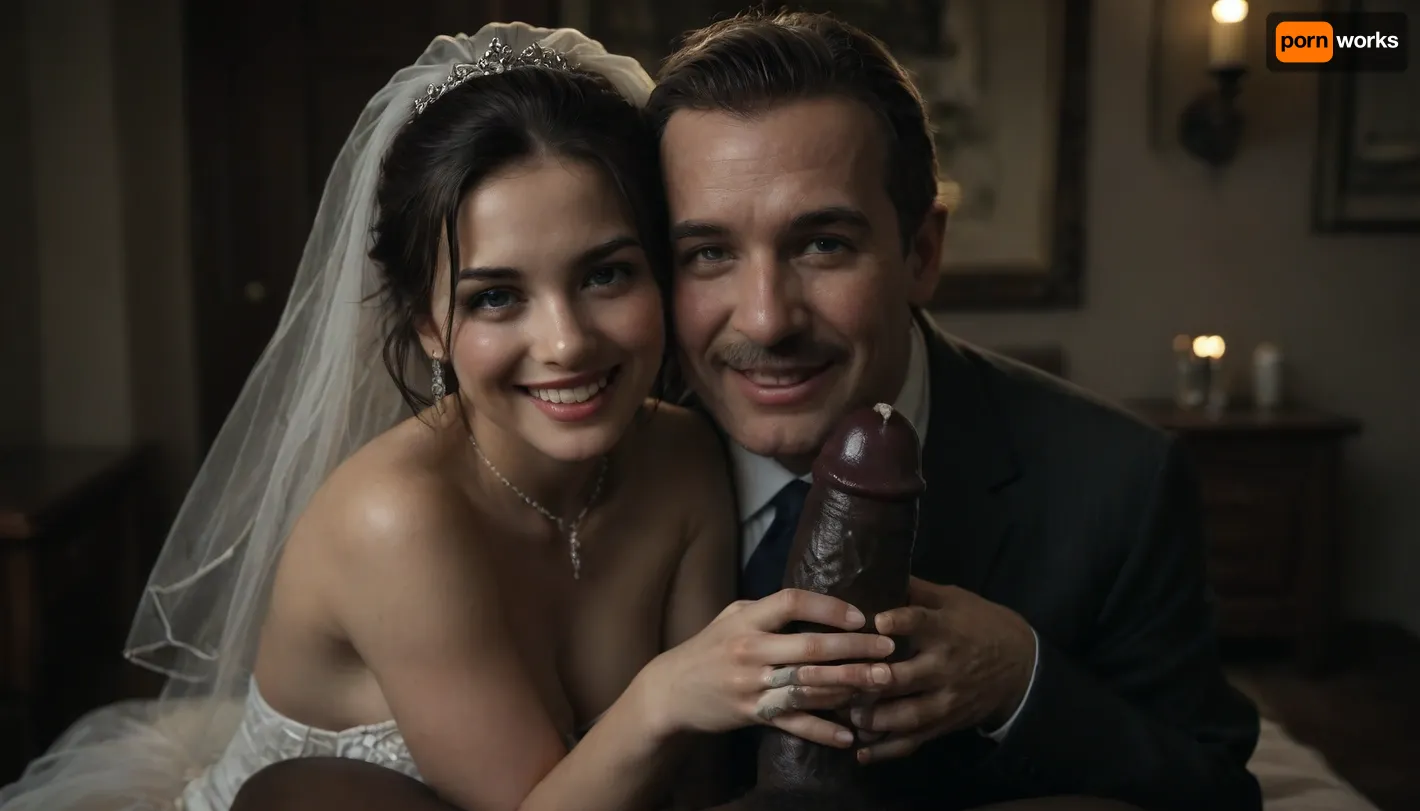 interracial, pov of black penis., (((1 white cuckold man in suit is behind the bride hugging the bride he is happy and look at the camera))), very large black penis, The happy chubby Persian bride in sexy wedding dress, cum driping bride's chain' cum driping from black penis, drinking sperm from transparent glass cup, there is glossy and sticky sperm in cup, cup full of sperm, cum swallowing, ((gokkun)), cum dripping from the corners of her lips, The woman holds the cup under the black cock., happy, <lora:671410_training_data:.4>, <lora:dark:.5>, <lora:677862_training_data:.8>, <lora:happy_v2:1>