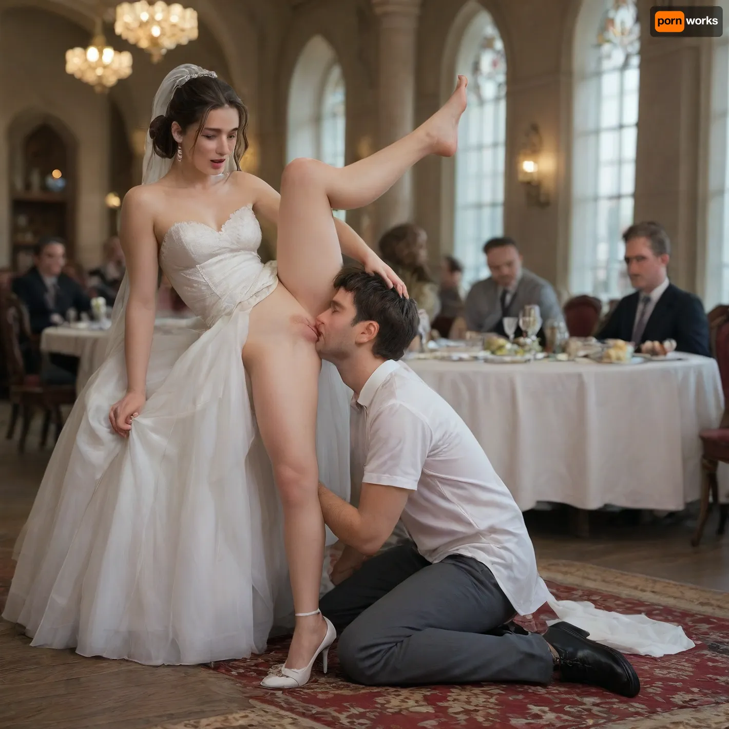 The large hall of the restaurant, the wedding celebration in the restaurant, festively dressed guests, the groom stands in the middle of the hall and holds the bride in his arms, the drunk bride lifted the hem of her wedding dress and spread her knees wide, showing her pussy, and the groom's friend licks the bride's pussy, he does cunnilingus to the bride, the guests also laugh happily, pleased with the performance, Side view of all full-length models