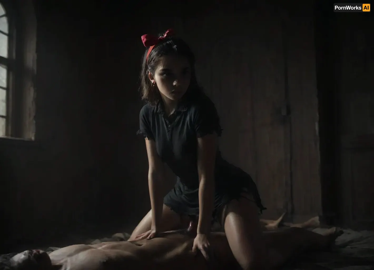 a woman in Kiki's delivery Service cosplay, the woman has severe goth make-up, the woman is Kiki's Delivery Service, (Kiki's big red bow on top of her hairband:1.5), torn plain black dress, kiki is on her knees sucking the blood-red cock of a giant red devil from Hell, the setting is a satanic temple, pentagrams, NightScapes, <lora:Animated_Concept:.6>, <lora:dark:1>, <lora:NightScapes_XL14:.8>