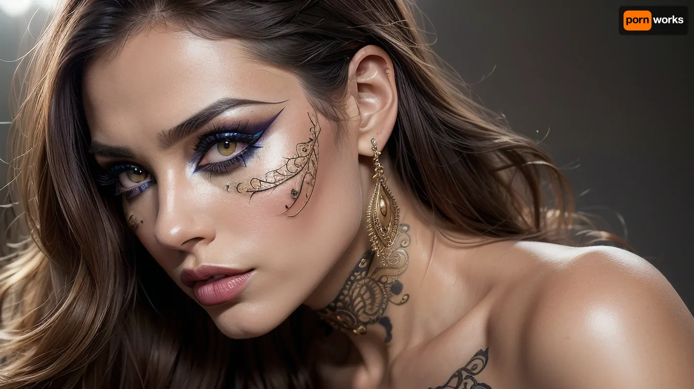 (photorealistic:1.3), (studio portrait:1.2), of a stunning young woman, (extreme close-up on face:1.1), wearing, (intense, vibrant, intricate, makeup:1.5), on eyes, cheeks, lips., (Strong backlighting:1.5), (dramatic rim light:1.4), (deep shadow:1.2), (face partially in shadow:1.4), (dark background, black backdrop), ., (Intense gaze:1.1), confident expression., (Cinematic lighting:1.2), (high detail:1.3), (sharp focus:1.2), (8k resolution:1.1), professional photography, professional color grading, RAW photo quality, Vogue cover