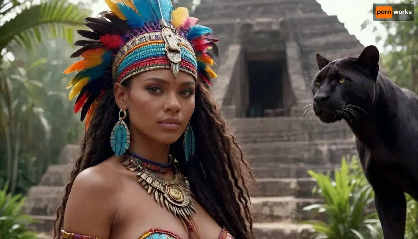 a dark skinned aztec princess woman is standing in the jungle in front of ancient pyramids. next to her is a black panther. her hand is resting on the panthers head. she is wearing an elaborate headpiece with long colorful feathers. no slip. no bra. explicit, vagina, godpussy, <lora:SDXL_GodPussy_v1:.8>